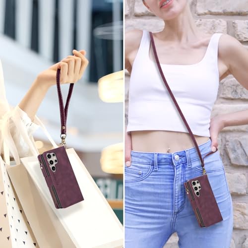 for Samsung Galaxy S24-Ultra-Wallet Case: with RFID Blocking Card Slots (6 Cards) | Soft PU Leather Magnetic Snap Zipper Pocket | Crossbody Wrist Strap Protective Phone Cover - Claret - color: Claret, size: Galaxy S24 Ultra（6.8‘’）