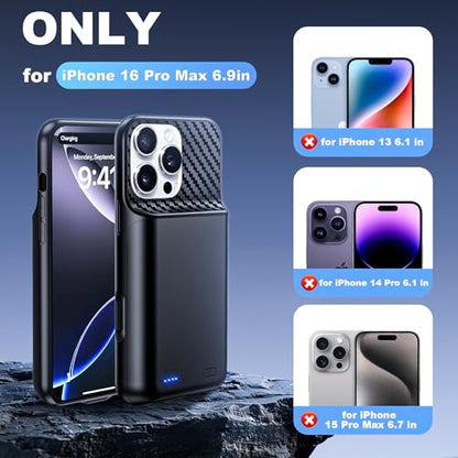 13800mAh High Capacity Battery Case for iPhone 16 Pro Max (6.9 inch) | 2026 Upgraded Battery Pack Rechargeable Charger External Charging Case with Tempered Glass Screen Protector Black - size: iPhone 16 Pro Max (6.9 inch)