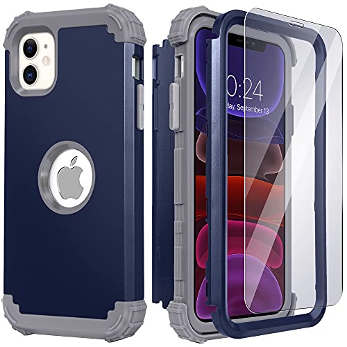 IDweel for iPhone 11 Case with Screen Protector(Tempered Glass), Hybrid 3 in 1 Shockproof Slim Fit Heavy Duty Protection Hard PC Cover Soft Silicone Bumper Full Body Case for iPhone 11 6.1 Inch, Blue - color: Blue