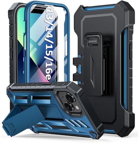 for iPhone 13/14/15 Phone Case: for iPhone 16e Protective Cover with Belt Clip Holster | Durable Dual-Layer Design with Built-in Kickstand | Heavy Duty Military Grade Hard Protection Shock Proof | Built-in Screen Protector, 20FT Military-Grade Drop Shockp