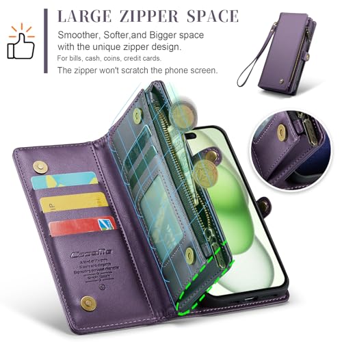 Compatible with iPhone 15 Plus Wallet Case with Magsafe,Purple | Magnetic Detachable Case,Card Holder,Zipper Pocket,Strap Wristlet, Soft Leather Drop-Proof Phone Case for iPhone 15 Plus 6.7" - color: Purple, size: iPhone 15 Plus 6.7"