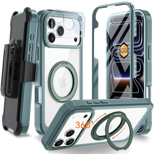 Magnetic for iPhone 17 Pro Case, Compatible with MagSafe, Full Body Rugged Case with Built-in Screen Protector & Kickstand & Belt-Clip (Green) - color: Green
