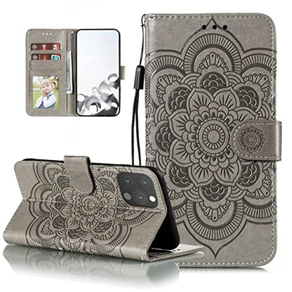EYZUTAK Case for iPhone 13 Pro Max, Premium PU Leather Magnetic Flip Wallet Case with Card Holder Cash Slot Lanyard Strap Kickstand Function Embossed Mandala Flower Pattern Shockproof Cover - Gray - color: Gray, size: iPhone 13 Pro Max