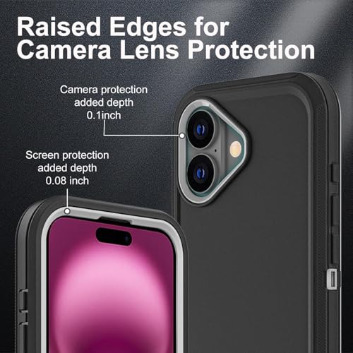 YKHJKLEC for iPhone 16 Plus Case, Military Grade 3 in 1 Heavy Duty Shockproof/Drop Proof/Dust Proof Case with 2Pcs Tempered Glass Screen Protector (Black/Grey) - color: Black/Grey