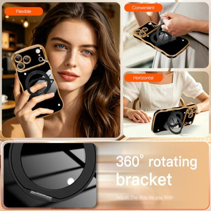 tharlet for iPhone 17 Pro Case Black with 360° Spin Magnetic Stand | Cute Luxury Plating Gold Curly Wave Edge, [Compatible with Magsafe] Full Camera Lens Protection ,Women Girl daily matching - color: Black Curly Edge, size: iPhone 17 Pro