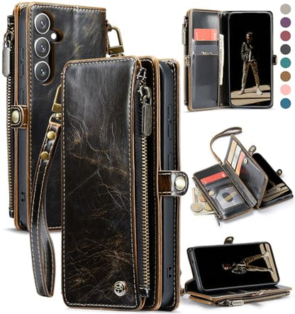 Defencase for Samsung Galaxy S25 Wallet Case with RFID Card Holder, Coffee | Durable Soft PU Leather, with Zipper Pocket, Wrist Strap, Fashion Snap Flip S25 Phone Cases Cover with Stand for Women Men - color: Coffee