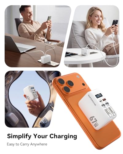 SUPERONE 67W Retractable Wall Charger with 3.3ft Nylon USB C & Apple Cables - color: White