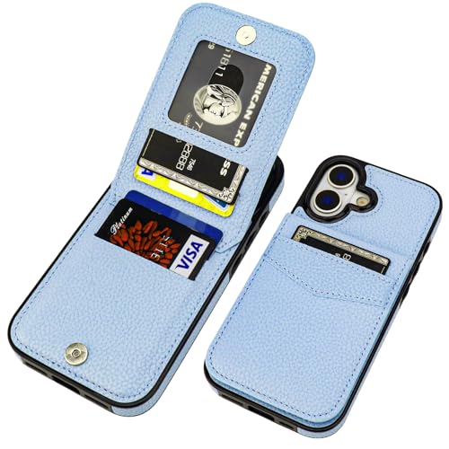KIHUWEY for iPhone 17 Wallet Case Card Holder Kickstand, Lichee Light Blue | Credit Card Slots, PU Leather, Magnetic Clasp, Flip Heavy Duty Protection Cover for Men and Women - color: Lichee Light Blue