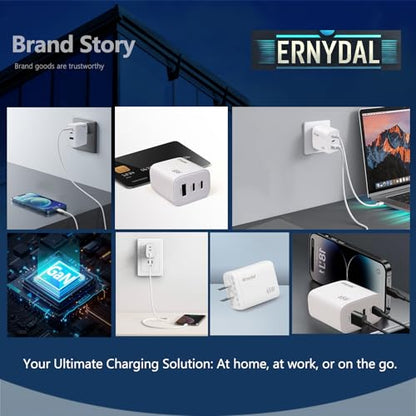 65W GaN USB-C Fast Charger Block with Dual USB-C & USB-A Ports, Compact Power Adapter for MacBook, iPad, iPhone, Galaxy, and More (White) - color: White