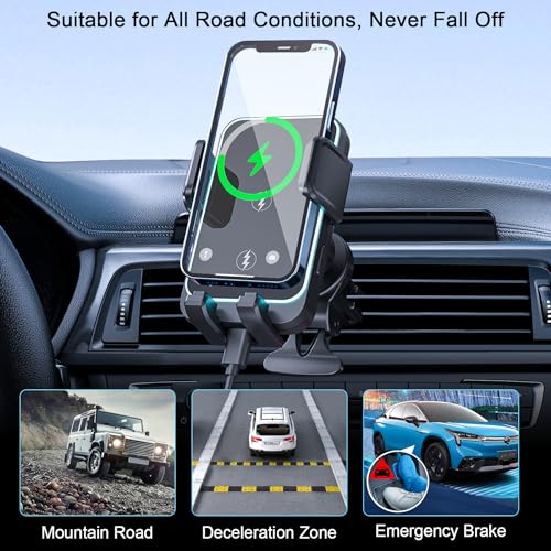 Wireless Car Charger Mount, Dual Coil 15W Fast Charging Holder with Auto Smart Sensor Clamping and LED Ambient Light, Upgraded Phone Holder for Cars