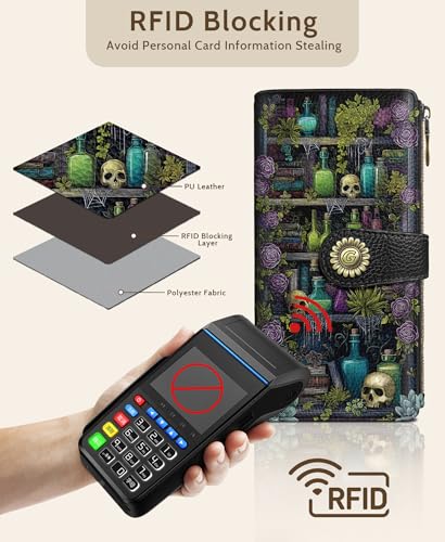 GIANCOMICS Goth Book Shelf Womens Wallet RFID, Credit Card Holder Bifold | Billfold, Cute Cash Purse, Travel Zipper Coin Pocket, Compact Clutch, PU Leather, ID Window, 11 Card Slots, Ladies Gift Woman - color: Bookshelf Skulls