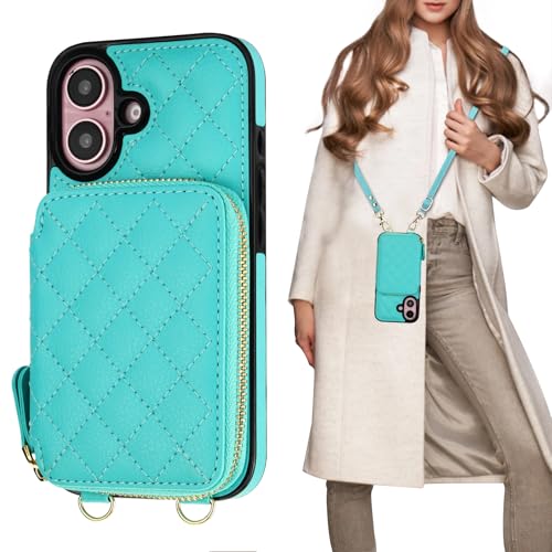 Bocasal Crossbody Wallet Case Card Holder for iPhone 16, Mint Green | RFID Blocking PU Leather Zipper Handbag Purse, Kickstand Flip Folio Case with Card Slots Holder Wrist Strap Lanyard 6.1 Inch - color: Green