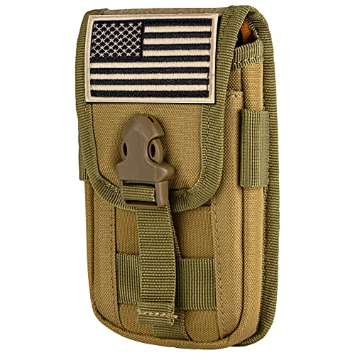 Tactical Phone Holster Pouch, Smartphone Pouch Phone Case Molle Gadget Bag Molle Attachment Belt Holder Waist Bag for 4.7"-6.9" with US Flag Patch for iPhone 17 Pro/16 Pro/15 Pro - color: Tan