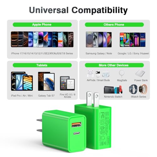 2 Pack USB C Charger Block, 20W USB-C & USB-A Port Adapter - color: Bright Green