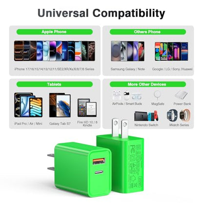 2 Pack USB C Charger Block, 20W USB-C & USB-A Port Adapter - color: Bright Green