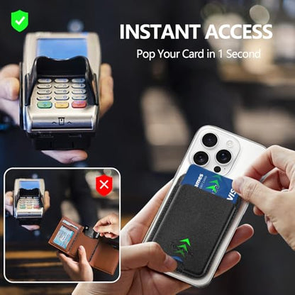 Magnetic Phone Wallet Stand for iPhone,4-Card Holder with RFID Blocking,6X Stronger Magnet,0.28in Slim Vegan Leather,Built-in Mirror &180° Stand for iPhone 17/16/15/14/13/12 Series(Black) - color: Black