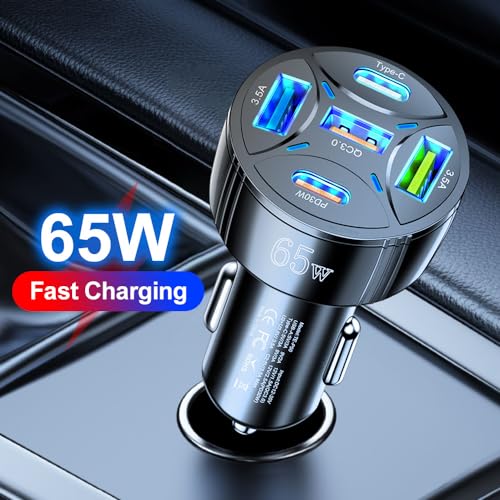 USB C Car Phone Charger Adapter 5 in 1 Multi Port PD30W &QC3.0 Super Fast Charging, 65W Cigarette Lighter USB Charger for iPhone/Android/Samsung/iPad Pro and More (White) - color: White