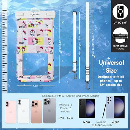 Sonix x Sanrio Waterproof Phone Pouch - Floating Phone Case Dry Bag w/Crossbody Lanyard - Beach Cruise Travel Essentials - Compatible w/All Devices, Touchscreen Friendly | Hello Kitty Grid - color: Hello Kitty Grid