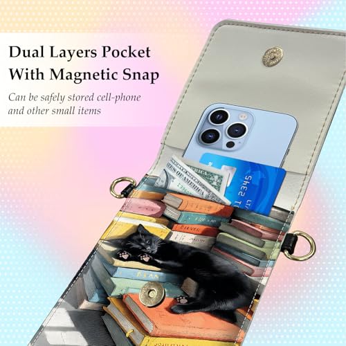 Small Crossbody Bags for Women Touchscreen Cell Phone Bag Cross Body Purses with adjustable Strap,Gifts For Teenage Girls - color: Black Cat In Books