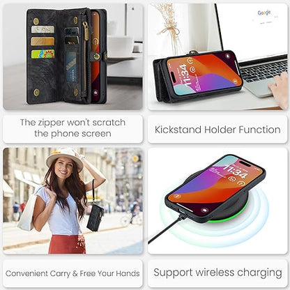 iPhone 15 Pro Wallet Case,iPhone 15 Pro Zipper Folio Leather Case Wallet with Card Holder,Strap Wristlet,Detachable Magnetic Protective Back Case for iPhone 15 Pro 5G 6.1 Inch (Black) - color: Black, size: iPhone 15 Pro 6.1"