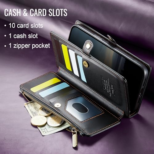Defencase for iPhone 14 Plus Wallet Case with RFID Card Holder, Black | Durable Soft PU Leather, with Zipper Pocket, Wrist Strap, Fashion Snap Flip Phone Cases Cover with Stand for Women and Men - color: Black