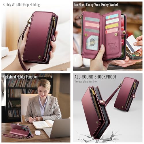 Defencase for Samsung Galaxy S26 Ultra Wallet Case with Card Holder, W-Red | with RFID Blocking Zipper Pocket, Durable PU Leather, Wrist Strap, S26 Ultra Flip Phone Cases Cover with Stand for Women Men - color: Wine Red