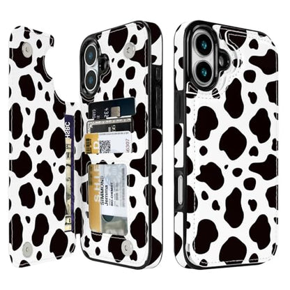 Compatible with iPhone 16 Plus Wallet Case with Card Holder, Black Cow Print Flip Folio PU Leather Kickstand Card Slots Case for Women Girls - color: Black Cow Print, size: iPhone 16 Plus 6.7 inch