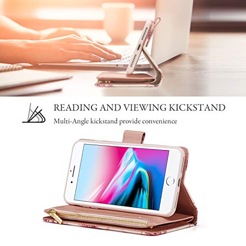 UEEBAI Wallet Case for iPhone 7 Plus iPhone 8 Plus, Premium PU Leather Case Magnetic Closure Geometric Marble Flower Pattern Handbag Zipper Pocket Case Kickstand Card Slots Flip Cover - Rose Gold#2 - color: Pink Flower, size: iPhone 7 Plus/iPhone 8 Plus