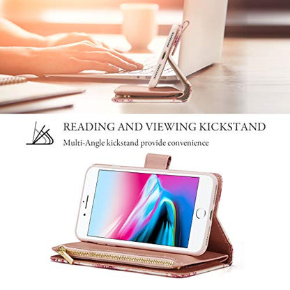UEEBAI Wallet Case for iPhone 7 Plus iPhone 8 Plus, Premium PU Leather Case Magnetic Closure Geometric Marble Flower Pattern Handbag Zipper Pocket Case Kickstand Card Slots Flip Cover - Rose Gold#2 - color: Pink Flower, size: iPhone 7 Plus/iPhone 8 Plus