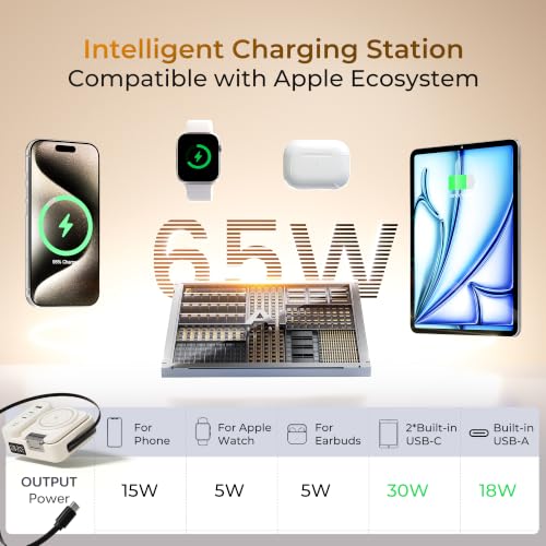 8-in-1 Foldable Wireless Charging Station for Apple Devices with Clock, 65W - color: Beige