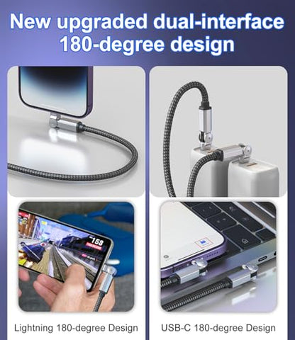 Swivel iPhone Charger 90 Degree USB C to Lightning Cable - 180° Dual Rotating Swivel Connectors, 3A Fast Charging & 480Mbps Data Sync, MFi Certified iPhone Charger for CarPlay, iPhone 14/13/12/11/X/8 - color: 180 Degree Rotating USBC Lightning Cable 2M