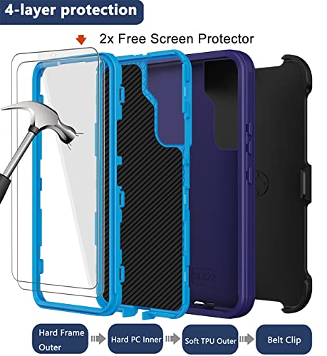 for Samsung Galaxy S22 Case with Belt Clip Holster, 2X Screen Protector, [Military Grade Protection] Heavy Duty Full Body Shockproof Dust-Proof Rugged Protective Cover for Samsung S22 5G Blue - color: Blue