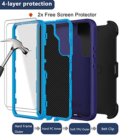 for Samsung Galaxy S22 Case with Belt Clip Holster, 2X Screen Protector, [Military Grade Protection] Heavy Duty Full Body Shockproof Dust-Proof Rugged Protective Cover for Samsung S22 5G Blue - color: Blue