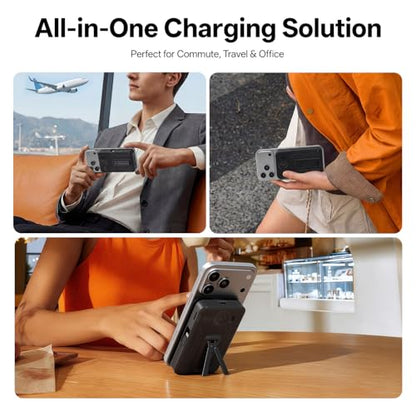 Q Magnetic Wireless Portable Charger 10,000mAh, Travel Essentials Power Bank with Built-in Cables & Foldable Stand, External Battery Pack Compatible with iPhone 17/16/15/14/13/12, Apple Watch - color: Black