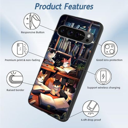 for Google Pixel 9 Pro XL Phone Case TPU Shockproof Full Body Protection Cover 6.8" Cat Bookshelf for Pixel 9 Pro XL Lightweight Compatible Wireless Charging Screen Protector Film - color: Cat Bookshelf