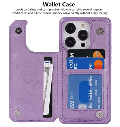 iCoverCase Compatible with iPhone 14 Pro Wallet Phone Case with Card Holder for Women, RFID Blocking Embossed PU Leather Wrist Strap Case 6.1 Inch (Heart Purple) - color: H-Purple