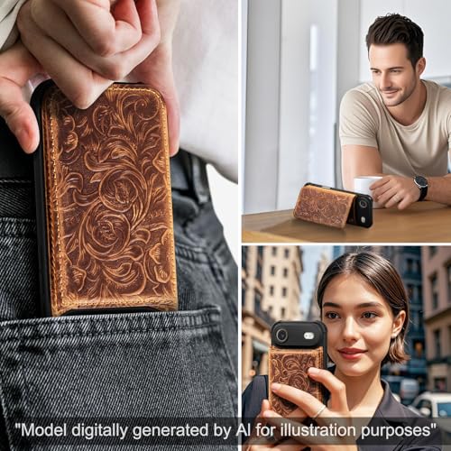 Wallet Real Leather Case Compatible with iPhone 17 Air 6.5" Brown | Genuine Leather,Shockproof, Anti-Fall Case,Flip Cover,with Card Slot,Double Magnetic Buckle,Kickstand,RFID Blocking Brown - color: Brown, size: 6.5"-17 Air