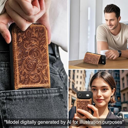 Wallet Real Leather Case Compatible with iPhone 17 Air 6.5" Brown | Genuine Leather,Shockproof, Anti-Fall Case,Flip Cover,with Card Slot,Double Magnetic Buckle,Kickstand,RFID Blocking Brown - color: Brown, size: 6.5"-17 Air