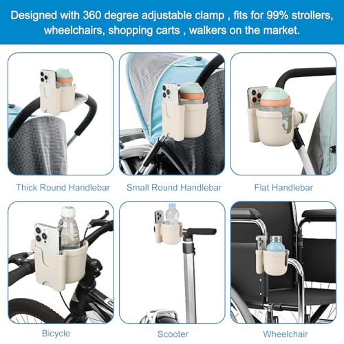 Accmor Stroller Cup Holder with Phone Holder, Bike Cup Holder, Universal Cup Holder for Uppababy Nuna Strollers, 2-in-1 Drinks Holder for Walker, Wheelchair, Scooter - color: All Off White