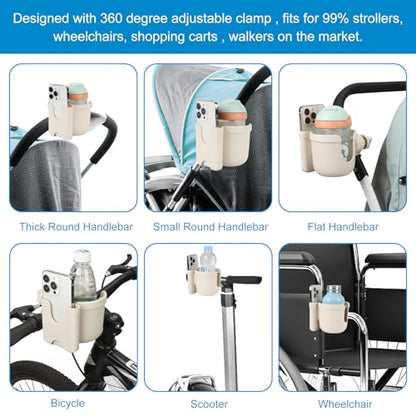 Accmor Stroller Cup Holder with Phone Holder, Bike Cup Holder, Universal Cup Holder for Uppababy Nuna Strollers, 2-in-1 Drinks Holder for Walker, Wheelchair, Scooter - color: All Off White