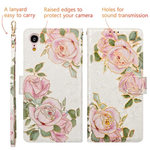 UEEBAI Wallet Case for iPhone XR, PU Leather Phone Case Kickstand RFID Blocking Flip Case with Card Slots Wrist Strap Relief Engraved Pattern Magnetic Closure Folio Case - White Rose - color: White Rose