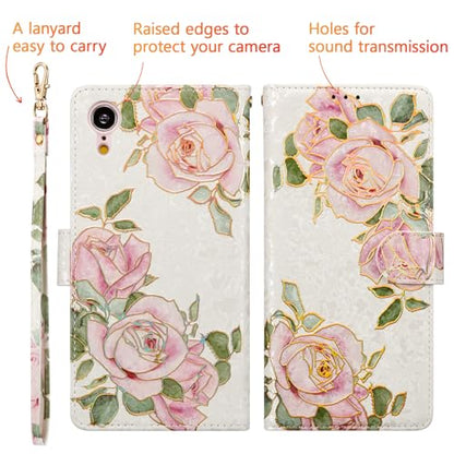 UEEBAI Wallet Case for iPhone XR, PU Leather Phone Case Kickstand RFID Blocking Flip Case with Card Slots Wrist Strap Relief Engraved Pattern Magnetic Closure Folio Case - White Rose - color: White Rose