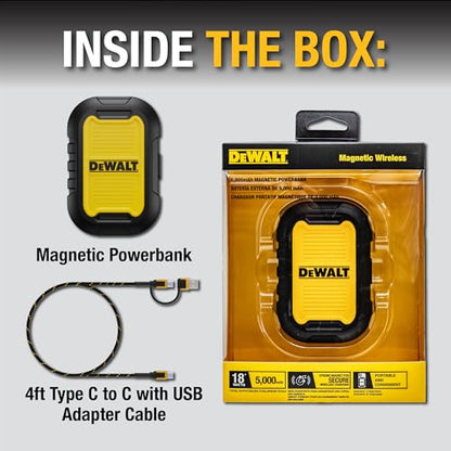 DEWALT Heavy Duty Magnetic Power Bank 5, 000mAh, Rugged, Wireless