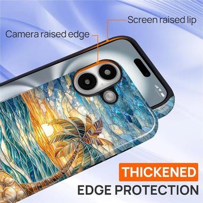 Case for iPhone 16, Dual Layer Phone Cover, Stained Glass Beach Palm | Shockproof Hybrid Phone Case, Soft TPU and Hard PC, Durable Anti-Scratch Protection - color: Stained Glass Beach Palm, size: Iphone 16