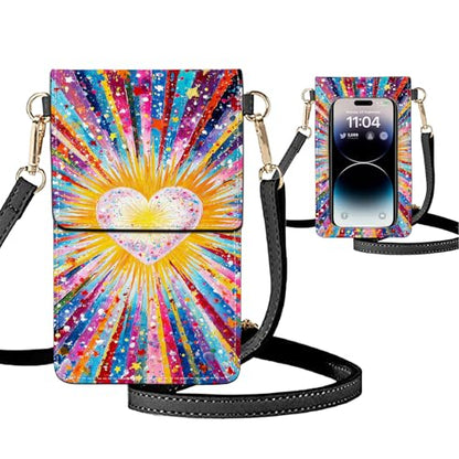 Small Crossbody Bags for Women Touchscreen Cell Phone Bag Cross Body Purses with adjustable Strap,Gifts For Teenage Girls - color: Vibrant Rainbow Light Heart