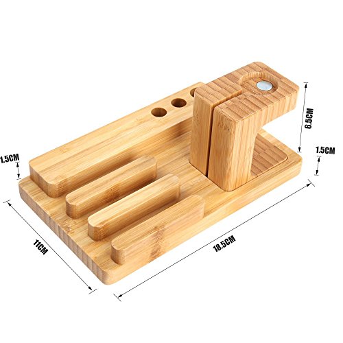 Bamboo Wood Multi-Device Desktop Charging Dock Station Charger Holder Cradle Charge Stand for iPhone 16 15 14 13 12 11 Pro Max iWatch 2 3 4 5 Compatible with iPad Mini Air Pro 2 3 Smartphones