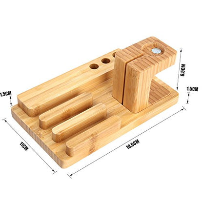 Bamboo Wood Multi-Device Desktop Charging Dock Station Charger Holder Cradle Charge Stand for iPhone 16 15 14 13 12 11 Pro Max iWatch 2 3 4 5 Compatible with iPad Mini Air Pro 2 3 Smartphones