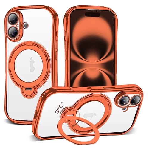 Clear Phone Case for iPhone 16 6.1", Orange | Compatible with iPhone 16 Case with 360° Rotatable Magnetic Ring Stand Full Camera Lens Protector Plating Mag-safe Case - color: Orange, size: Iphone 16