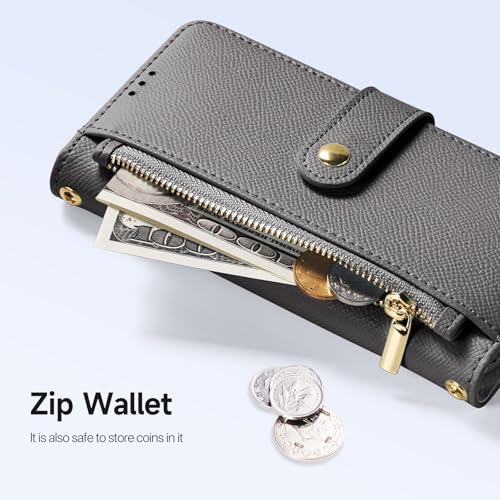 for iPhone 17 Pro Case Wallet, Detachable Magnetic Wallet Case | Compatible with Magsafe, RFID Blocking, Zipper Card Holder, PU Leather Flip Folio Case, Strap Wallet Case - color: Gray, size: iPhone 17