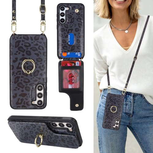 Lipvina for Samsung Galaxy S23 Plus Case with Card Holder and Strap for Women,Crossbody Lanyard,Ring Stand,Snap Clasp,Cute Phone Wallet Cases 6.6 inch(Black Leopard) | Cute Crossbody Lanyard Wallet,4 Card Holder,RFID Blocking,and a 360° Ring Kickstand.Lig